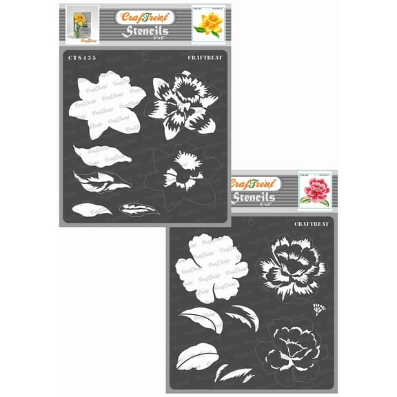CrafTreat Layered Daffodil And Peony Bloom Stencil for Painting - 2 Pcs - 6"x6" Each