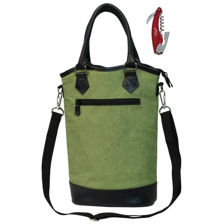 Wine Carrier Color (Vina 2-Bottle Wine Picnic Tote Carrier Travel Cooler Insulated Bag Leather Handles Durable Zipper)