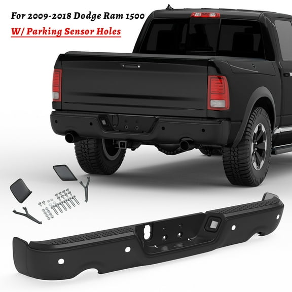Black Rear Bumper For 2009-2018 Dodge Ram 1500 w/ Dual Exhaust & Sensor Holes