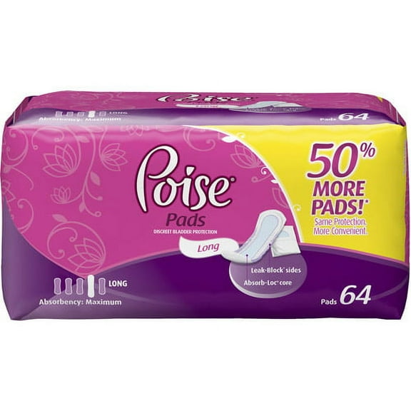 Poise Maximum Absorbency Long Pads, 64ct