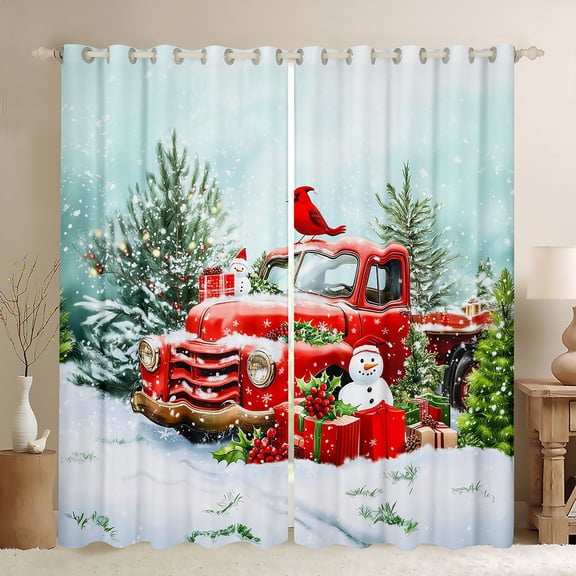 Feelyou Christmas Truck Black Out Curtains, Kawaii Snowman Birds Curtains Pack of 2 (42x63 Each), Xmas Tree Gifts Bedroom Curtains, Curtains and Drapes Bedroom Decor