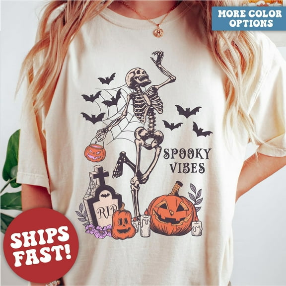 "Spooky Vibes Dancing Skeleton T-Shirt – Fun Halloween & Fall Festival Graphic Tee for Seasonal Parties and Casual Wear"