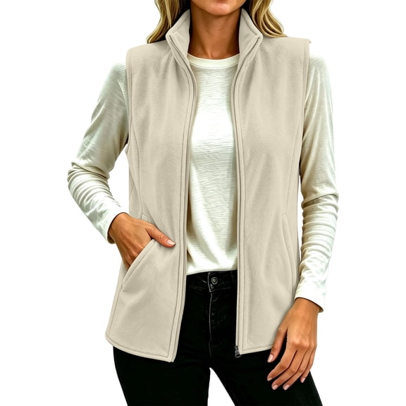 MaFYtyTPR Women's Sleeveless Jackets Full Zip Fleece Stand Collar Vest Outwear With Pockets Winter Warm Zipper Waistcoat A-Beige L