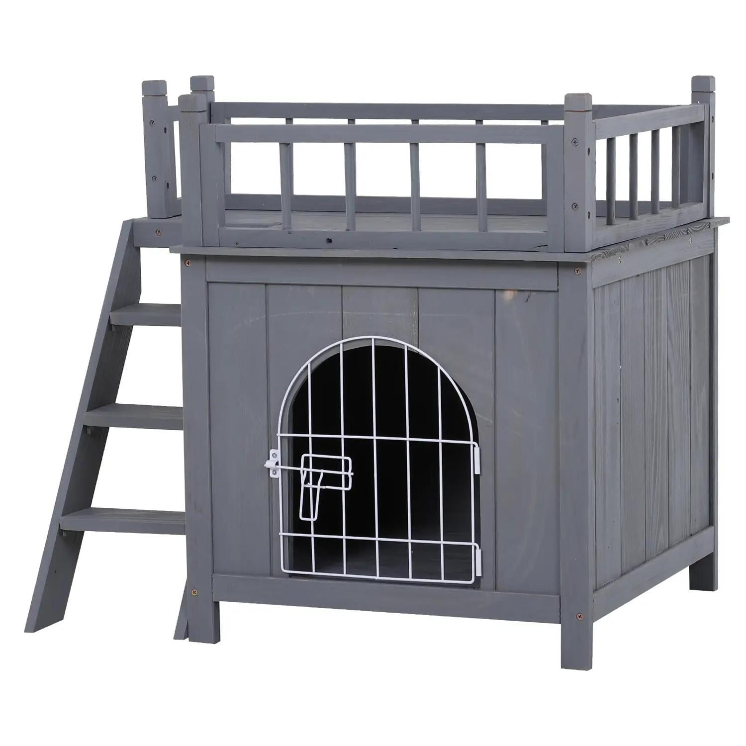 Pefilos Outdoor Weatherproof Cat House with Lockable Wire Door and Balcony, 2-Level Outside Shelter for Cats and Small Animals, Gray