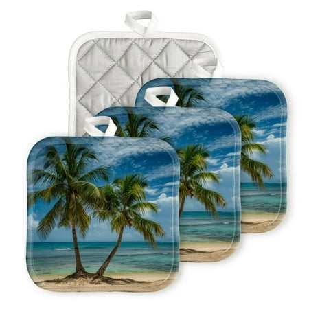 

Bahomeck Pot Holder 4Pcs Palm Trees On The Beach With Clear Blue Sky And Clouds Square Heat Resistant Hot Pads For Kitchen Cooking Oven With Hanging Loop Potholder Easy To Store