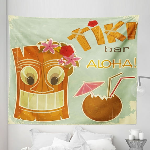 Tiki Bar Tapestry, Invitation to Tiki Bar Old Fashion Display Coconut Drink and Flowers Print, Fabric Wall Hanging Decor for Bedroom Living Room Dorm, 5 Sizes, Multicolor, by Ambesonne