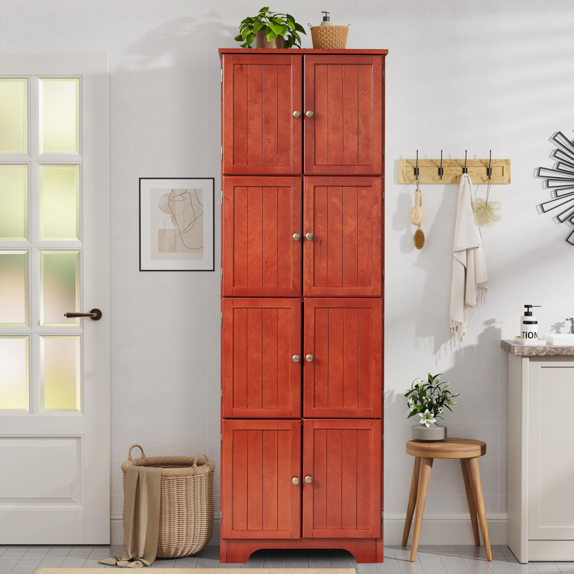 MDQMD Farmhouse Storage Cabinet with Doors and Shelves,72.4'' Tall Kitchen Pantry Cabinet,Wooden Bathroom Cabinet for Hallway,Cherry