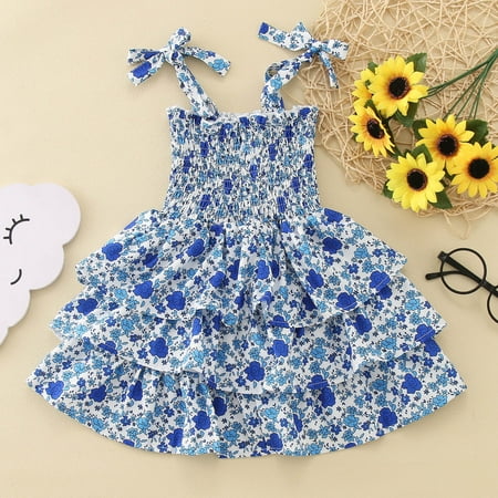 

dmqupv Girls Silver Dress Shoes Little Girls Cotton Dress Sleeveless Casual Summer Sundress Flower Printed Jumper Skirt Blue 18-24 Months
