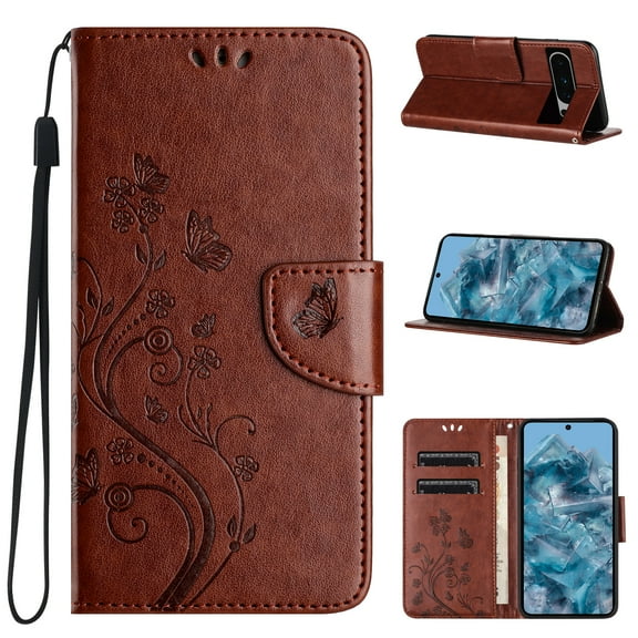 TECH CIRCLE Slim Wallet Case for Google Pixel 8 Pro,Butterfly Floral Embossed PU Leather Anti-Scratch Shockproof Magnetic Clasp Flip Kickstand Card Slots Phone Cover for Google Pixel 8 Pro 6.7",Brown