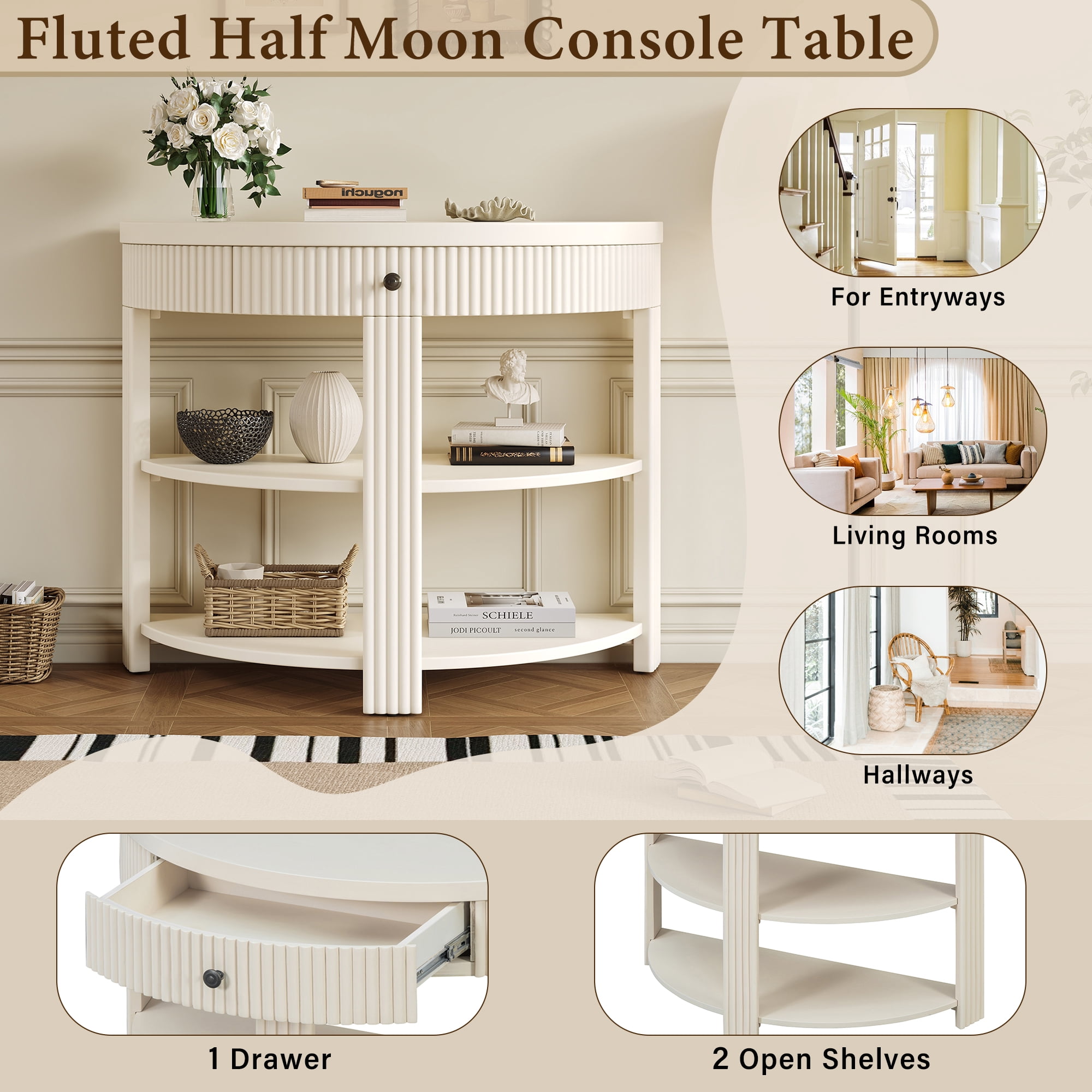 Euroco Fluted Half Moon Console Table with 1-Drawer, 3 Tier Entryway Table with Open Storage Shelves for Living Room, Hallway, Foyer,Cream