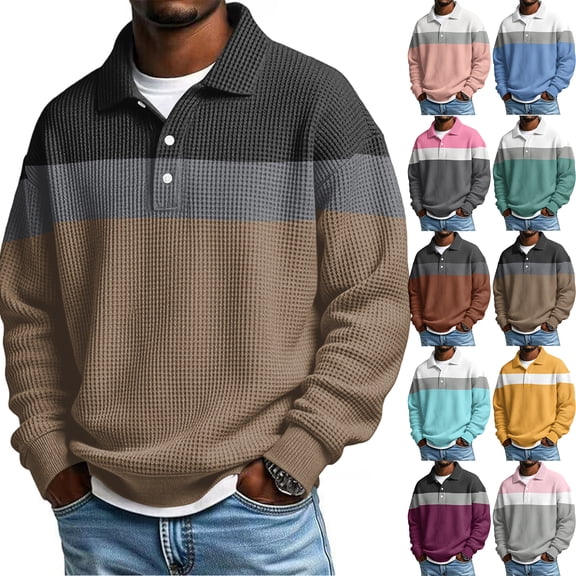 Nokdvo Mens Long Sleeve Polo Shirts Waffle Button Shirt Collared Textured Knit Pullovers Color Block Slim Fit Fashion Winter Classic Comfort Golf Pullover Sweater,Dark Purple 3XL