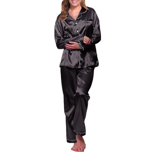 LIZUOJUN Women's Pajama Set 2 Piece Lounge Set Button Up Loungewear Soft Sleepwear Soft Lightweight Long Sleeved Pants Set, Black,L