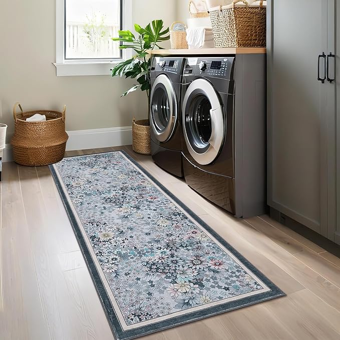 9'x 12' Runner Rug for Hallways Kitchen Non Slip Washable Rugs with Rubber Backing Soft Floral Carpet Runner for Hallways, Kitchen, Laundry, Bedroom, Bathroom-Gary BLue
