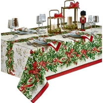 Christmas Holly Ribbon Traditions Bordered 52 x 52 Inch Square Fabric Tablecloth, Boughs of Holly and Berry Ribbon Garland Dining Table Cover for Holiday Party