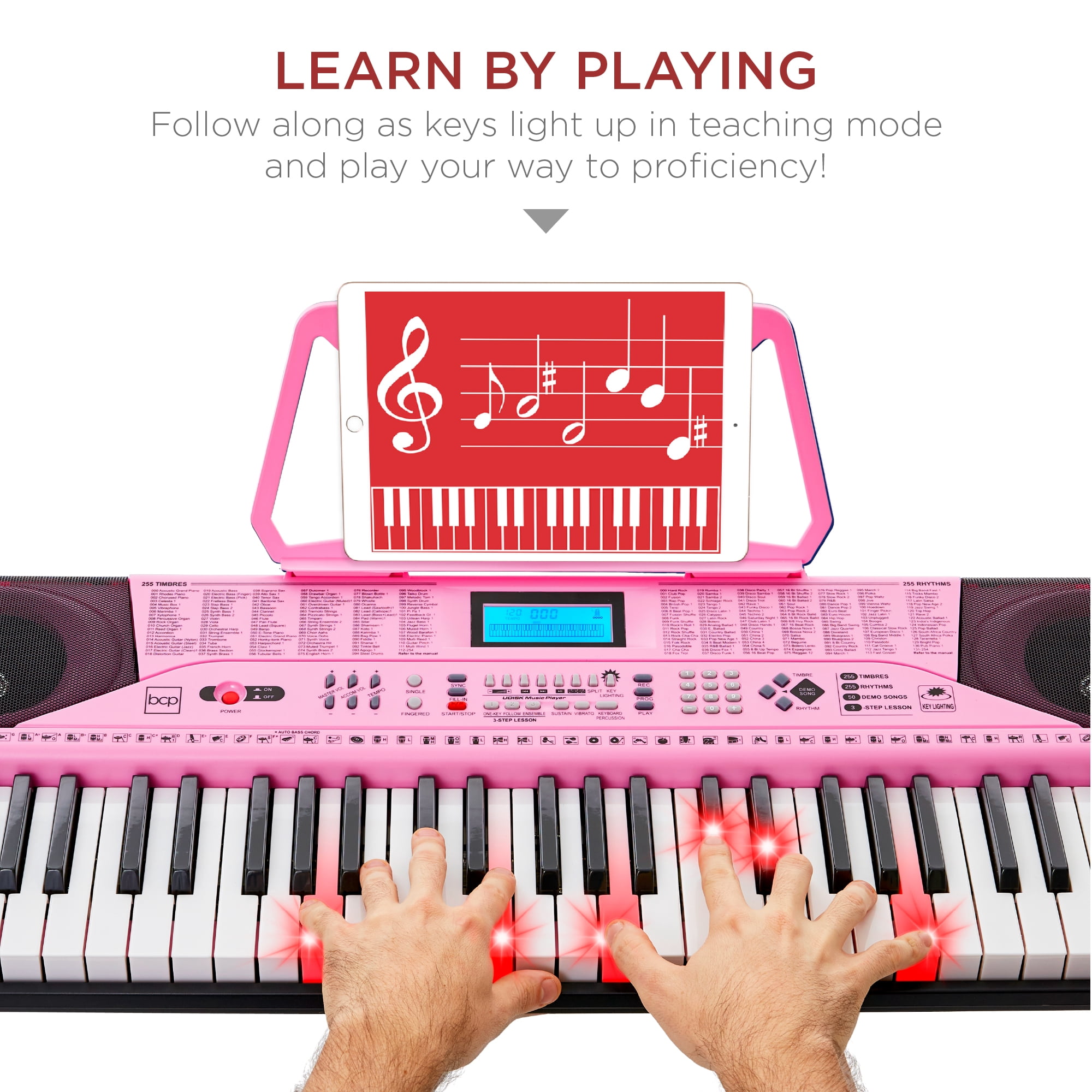 Best Choice Products 61-Key Beginners Complete Electronic Keyboard Piano Set w/ LCD Screen, Lighted Keys - Pink
