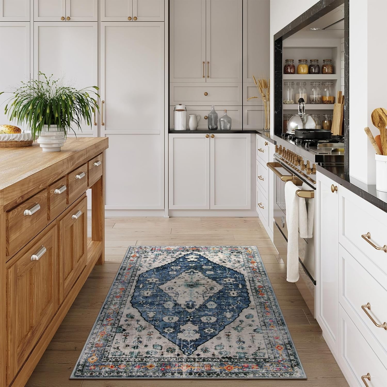 Wonnitar 3'x5' Boho Tribal Entryway Rug, Washable Area Rug for Kitchen Non Slip Stain Resistant, Low Pile Vintage Coastal Throw Rug for Bedroom Bathroom Laundry Room, Blue