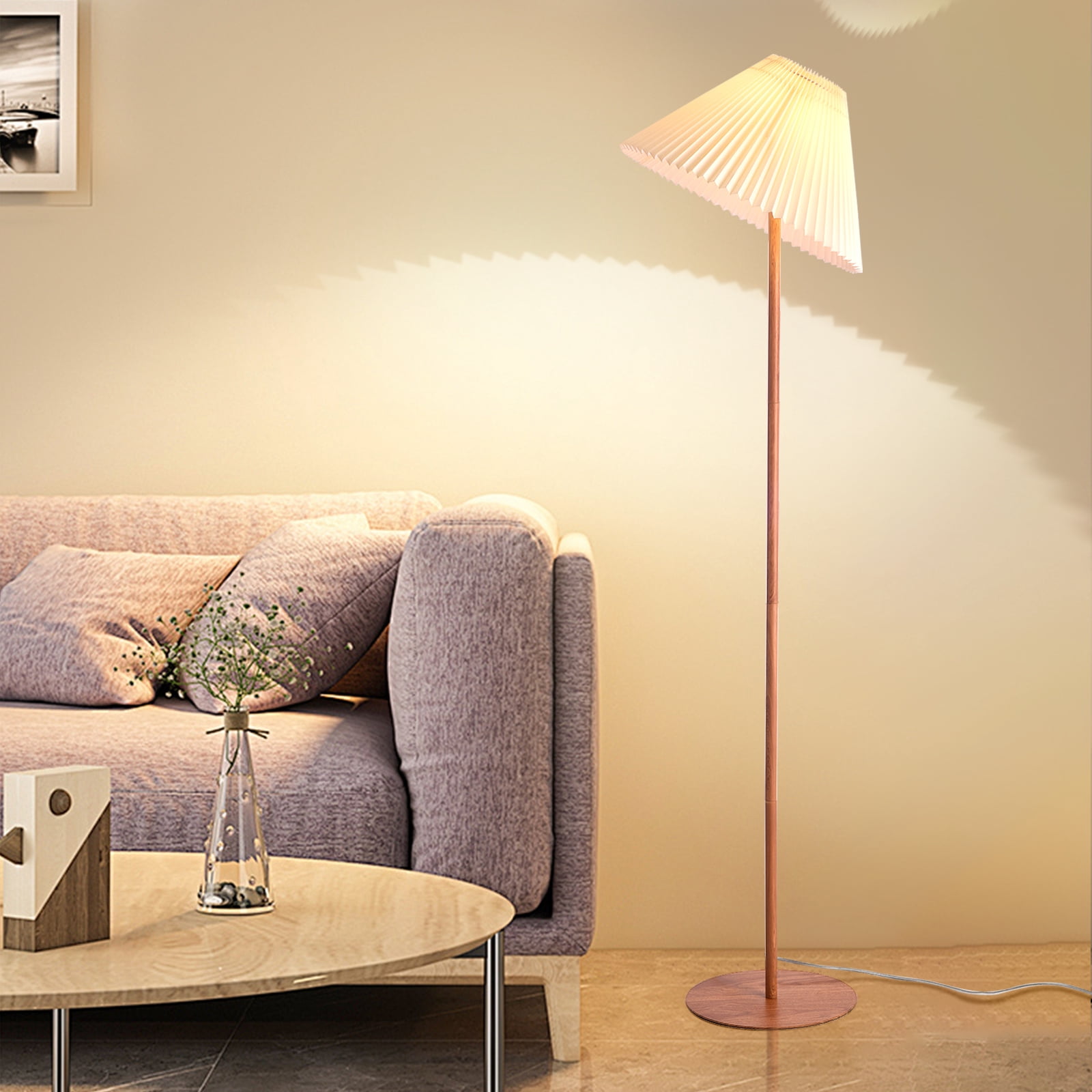 Wood Grain Vintage Pleated Floor Lamp, Farmhouse MCM Floor Lamp Standing Lamp Tall Lamp for Living Room, Office, Bedroom, Reading
