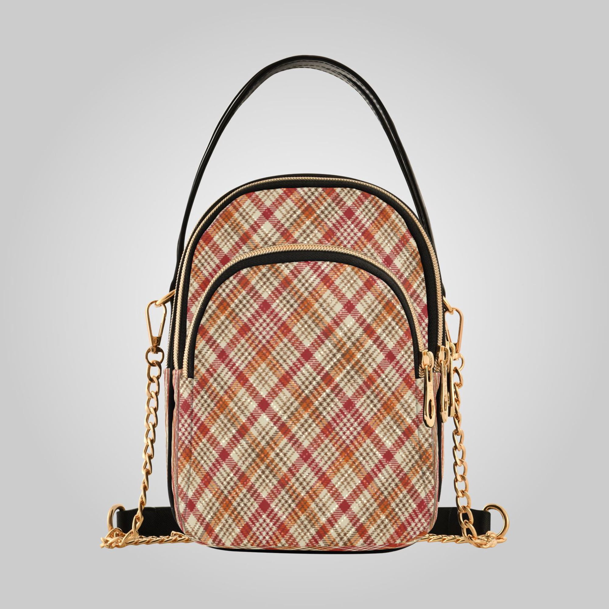 Women s Leather Handbag Crossbody Bag Leather Purse with Detachable Chain & Multi Zipper Pockets Autumnal Tartan Plaid