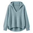 thumbnail image 4 of TZZQ V Neck Hooded Sweaters for Women Oversized Long Sleeve Chunky Knit Pullover Sweaters Soft Cozy Lightweight Warm Fall Winter Jumpers Cute Casual Streetwear Knitted Crochet Hoodies Light Blue S, 4 of 9