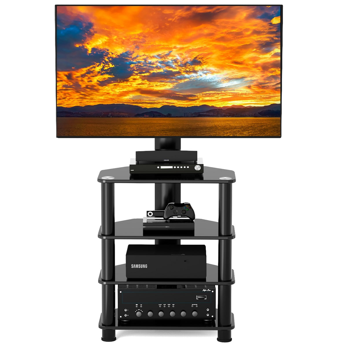 Modern Black Glass Tv Stand With Mount For 40 To 70 Inch Black Tvs 4 Shelf Walmart Com