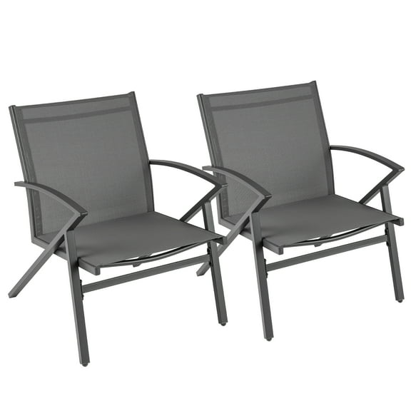 Gymax Patio Chairs 2 PCS w/ Heavy Duty Metal Frame Curved Backrests & Armrests Outdoor Grey