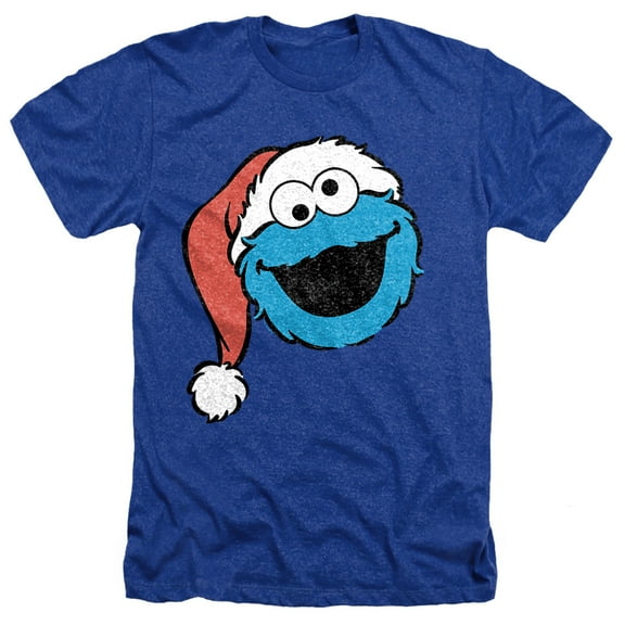 Sesame Street Christmas Santa Hat Cookie Monster Face Unisex Adult Heather T Shirt, Royal Heather, 3X-Large