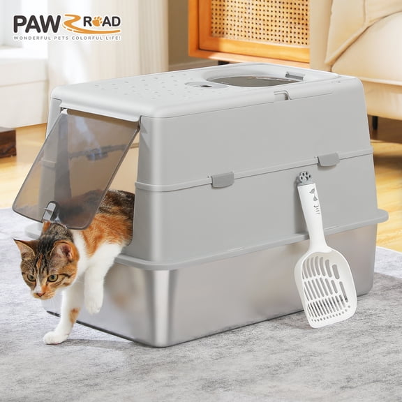 PAWZ Road Stainless Steel Litter Box, Enclosed Large Cat Litter Box with Scoop, Odor Control Easy Clean, Gray