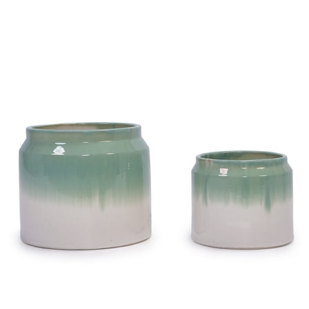 Ceramic Plant Pots Set of 2 - Indoor Outdoor Self Watering Modern Planter for Garden, Windowsill, Patio (Ombre Green White, 6 Inch)