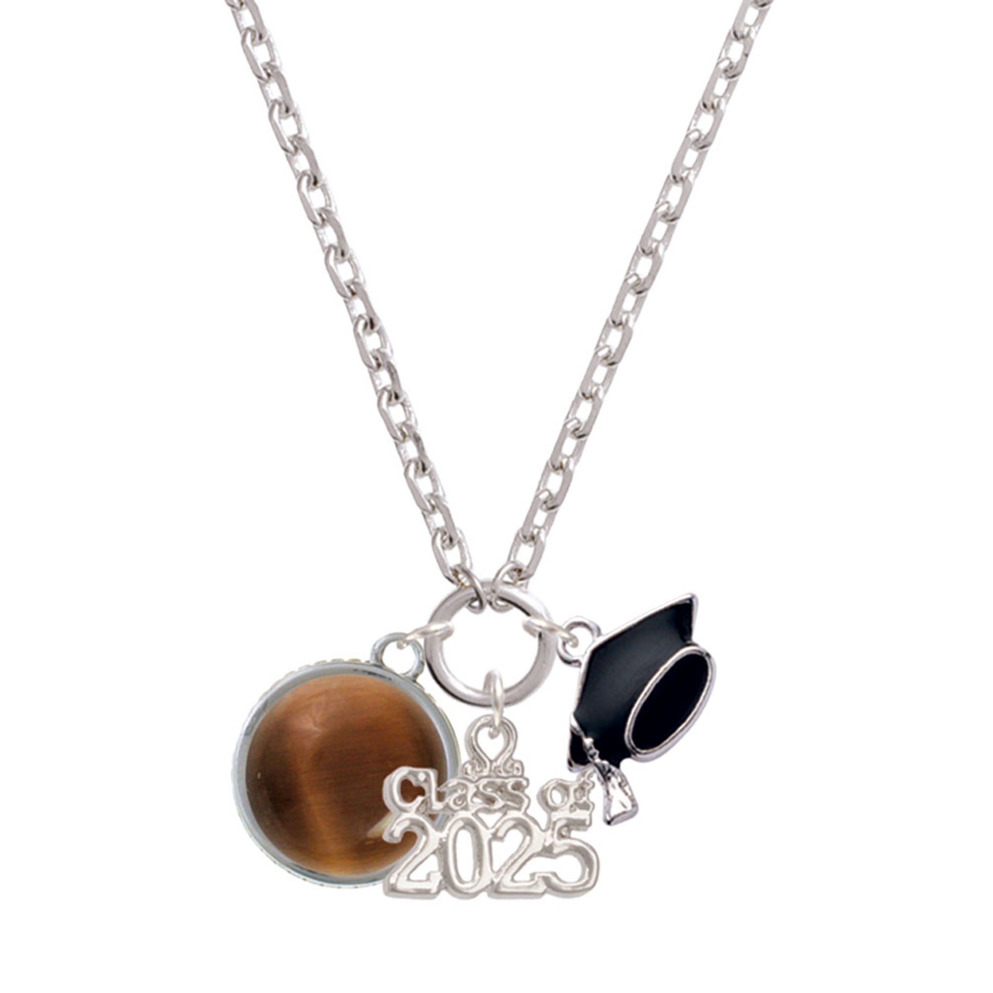 Delight Jewelry Silver-tone Round - Imitation Cat's Eye - Brown - Silver-tone Class of 2025 Graduation Zoey Necklace, 28"