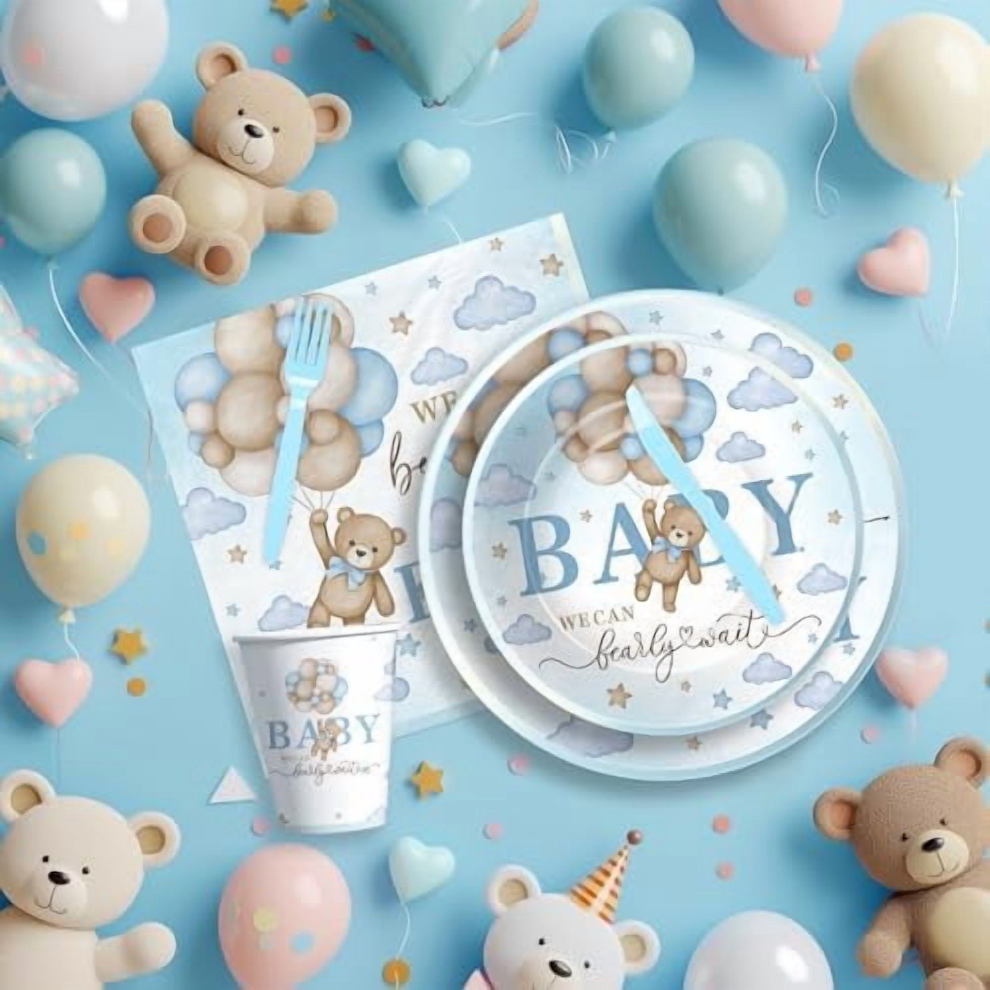 Bear Baby Shower Decorations Boy Tableware - Blue Bear We Can Bearly Wait Baby Shower Decorations Party Supplies, Paper Plate, Napkin, Cup, Cutlery, Tablecloth, 24 Guests$$