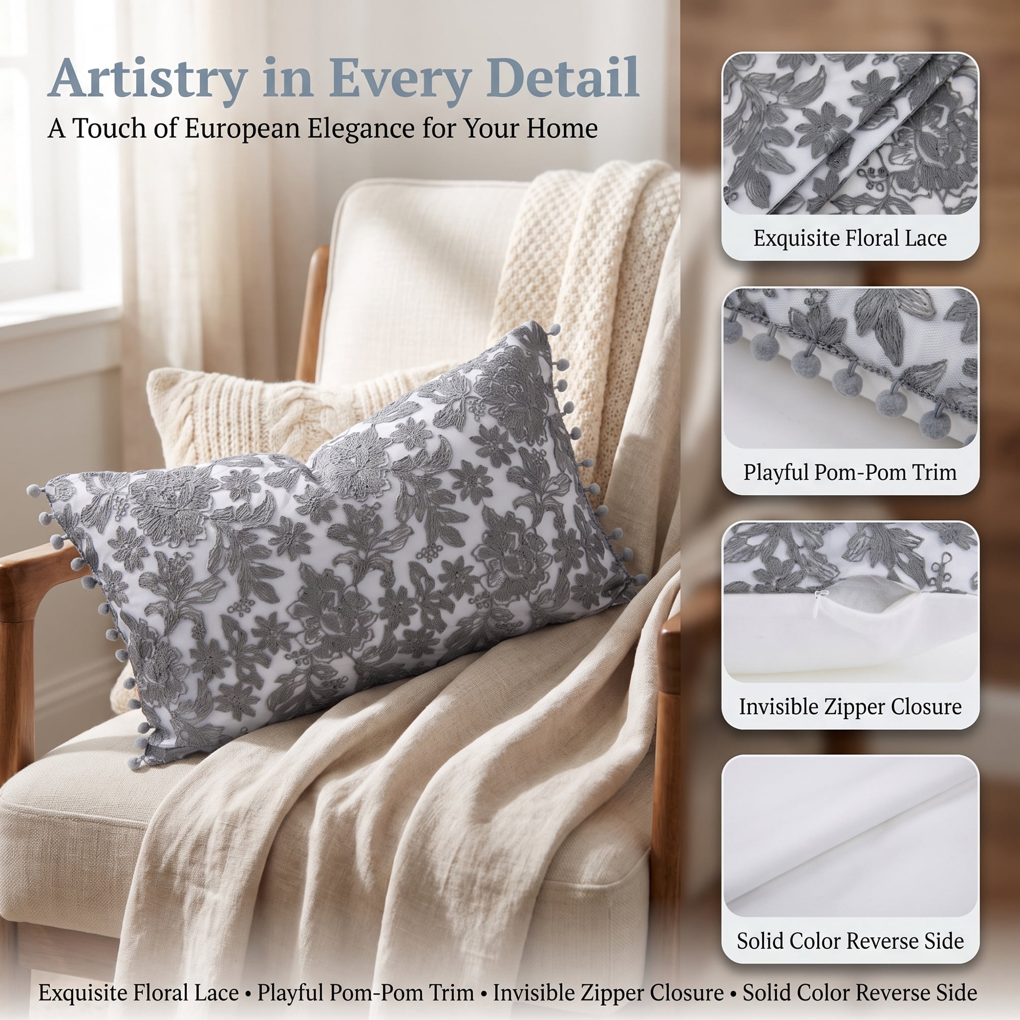 Unique Bargains Elegant Vintage Floral Throw Pom-Pom Pillow Covers Grey 20" x 12"