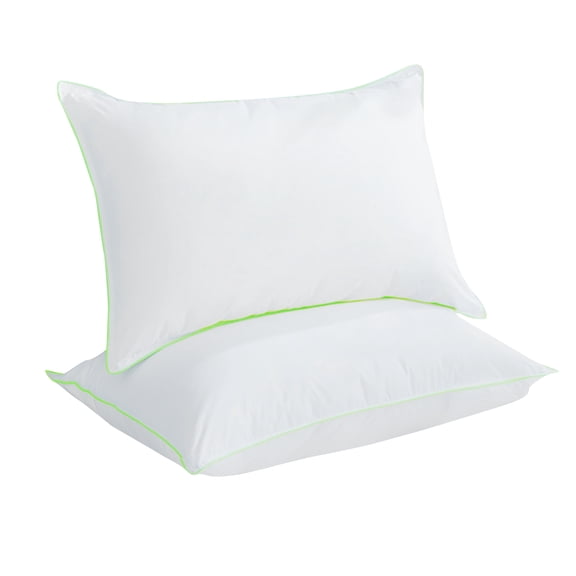 Kasentex Natural Goose Down Feather Pillow, 100% Cotton Plush Medium Soft - Three Layer Bed Pillow with Green Silky Piping, Set of 2, King Size