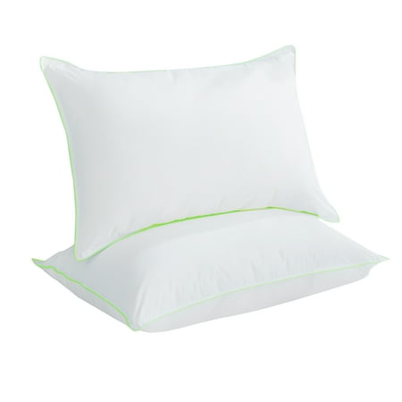 Kasentex Natural Goose Down Feather Pillow, 100% Cotton Plush Medium Soft - Three Layer Bed Pillow with Green Silky Piping, Set of 2, King Size