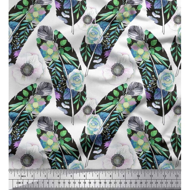 Soimoi Poly Georgette Fabric Leaves,Anemone & Feather Print Fabric by the Yard 52 Inch Wide