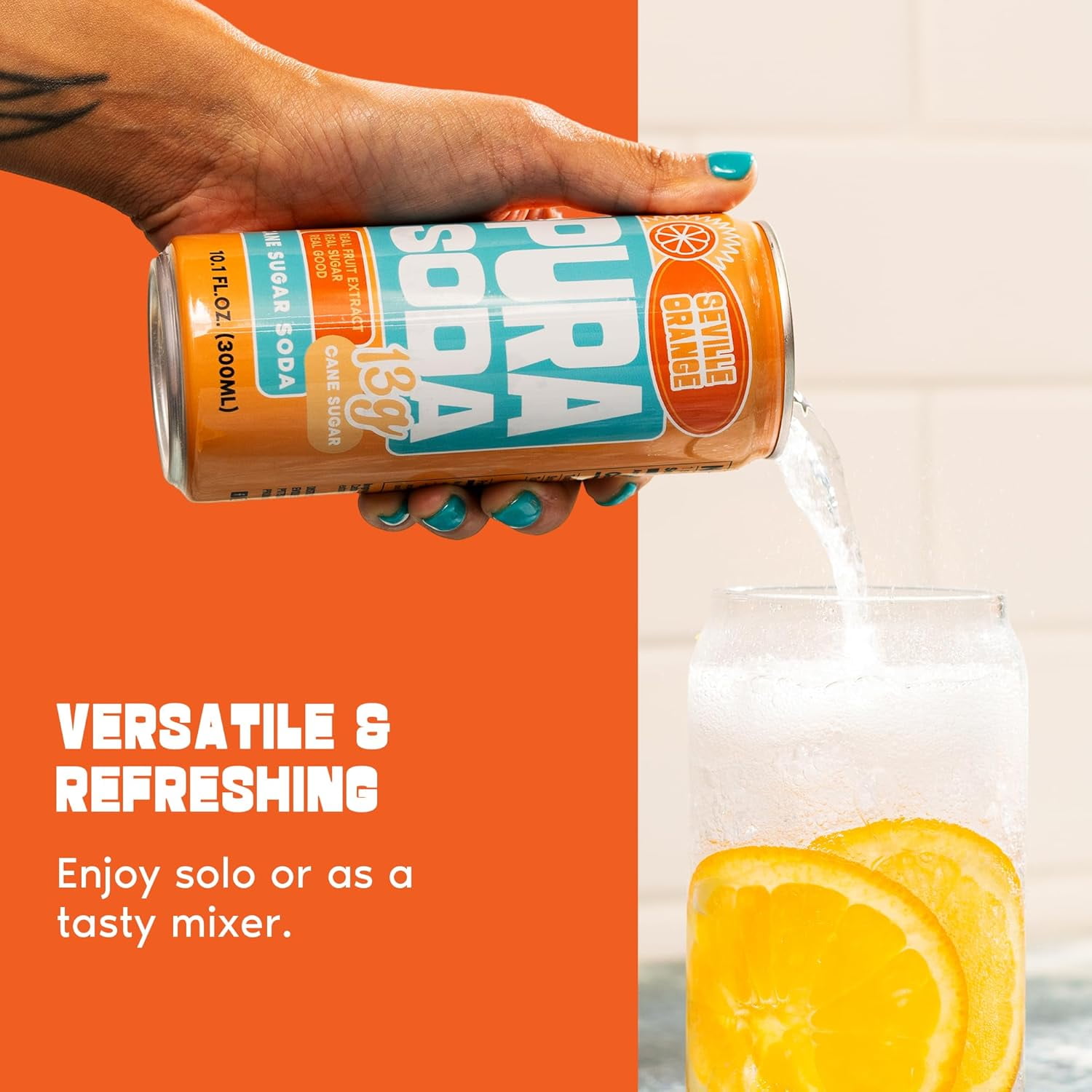 PuraSoda® Seville Orange | Low-Calorie, Cane Sugar Soda, Beverage | Non-GMO, Vegan | Made with Pure Cane Sugar, No Preservatives | 10.1 fl oz (300ml) Cans, 24-Pack