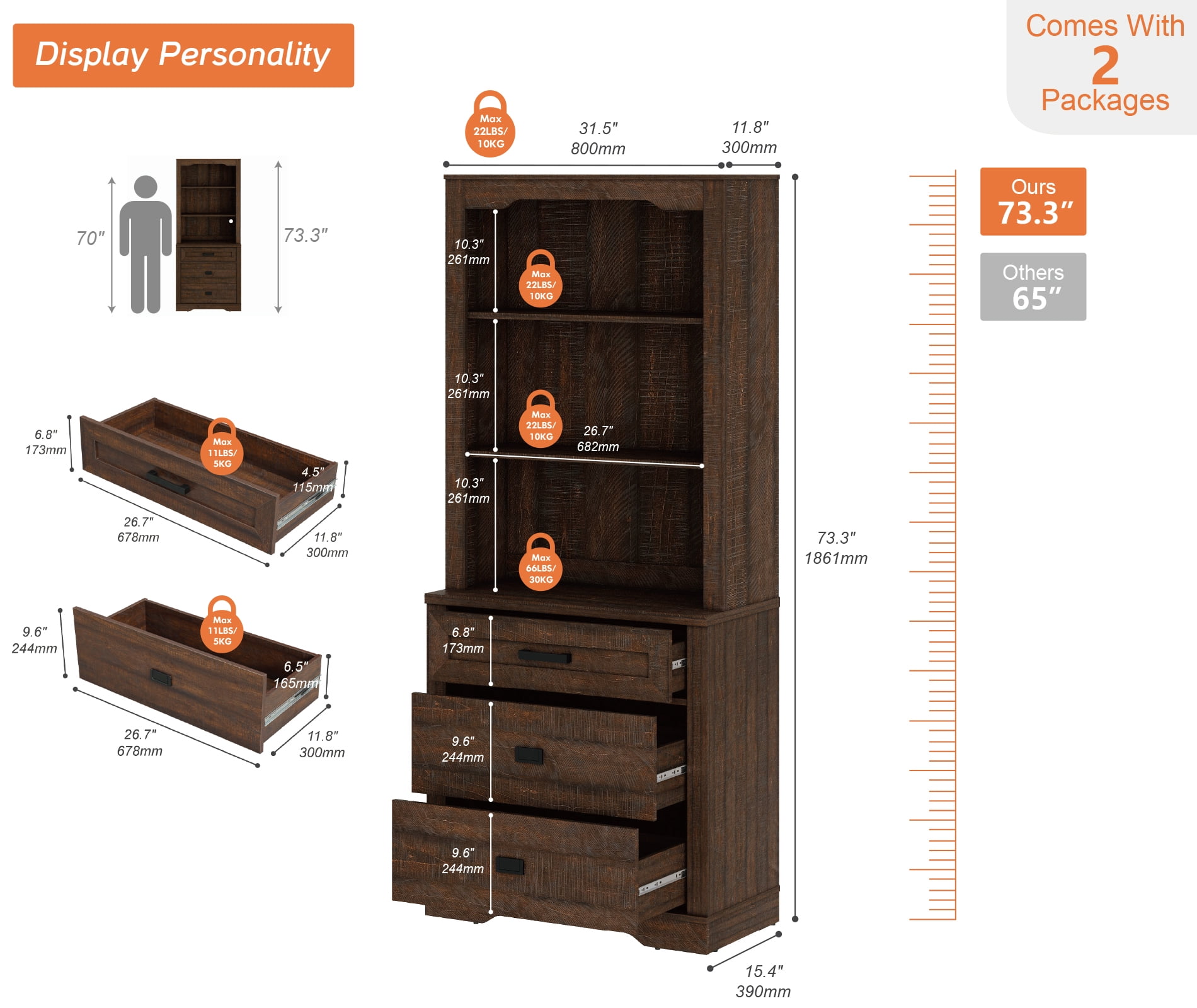 WAMPAT 3 Tier Bookcase with Drawer,73.3" Tall Floor Standing Bookshelf,Modern Farmhouse Display Storage Cabinet with Adjustable Shelves,Rustic Brown