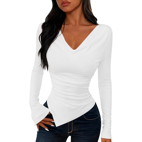 sageysalite Blouses pour Femmes Manches Longues Col en V Chandail Léger Ajusté Décontracté Sport Loisirs Automne