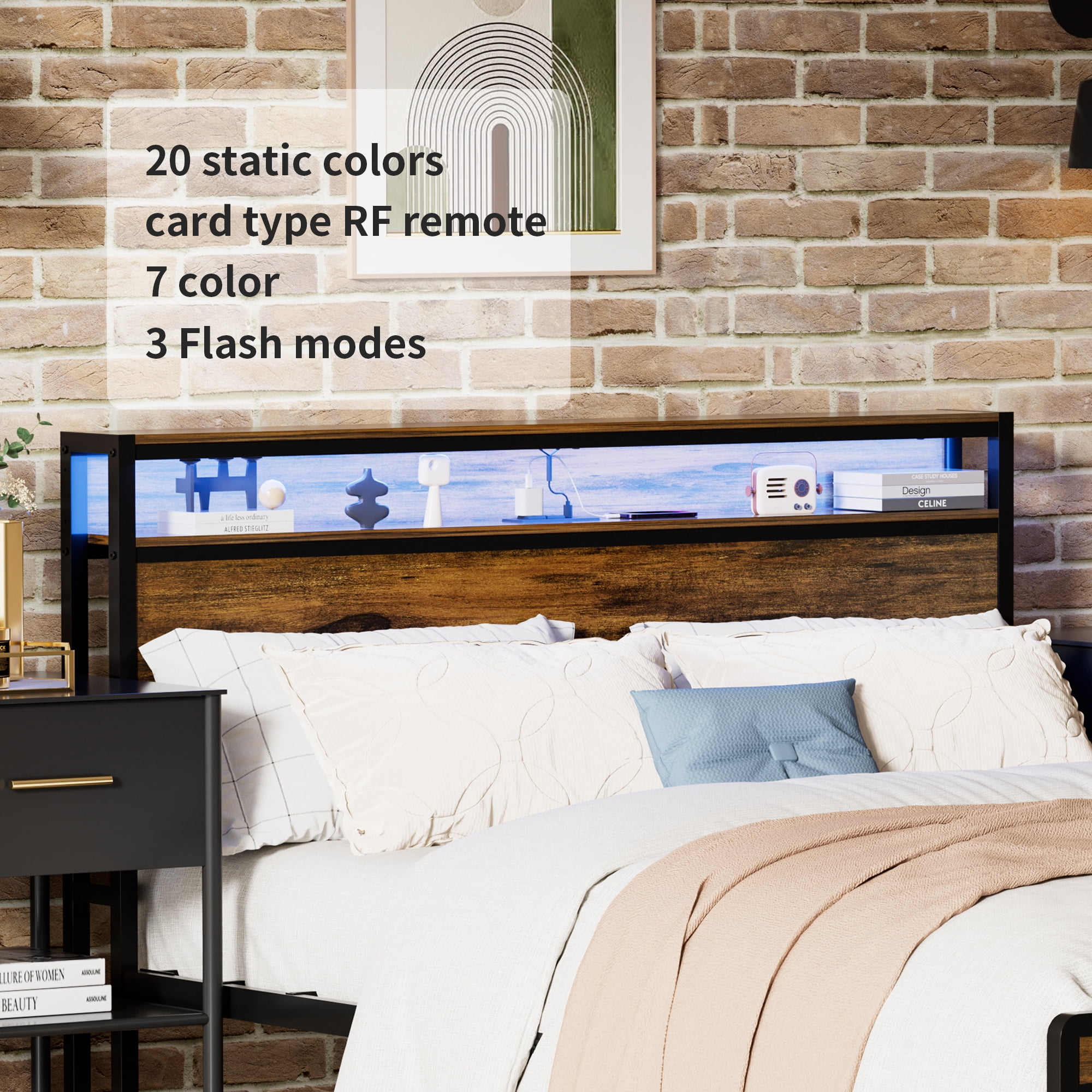 Leumius Queen Size Bed Frame with LED Lights, Industrial Style Platform Bed Frame with Charging Station, Noise Free,Brown