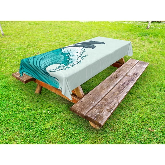 Sea Animals Outdoor Tablecloth, Waves Flowing Water Sketch Sea Ocean and Two Dolphins Summertime, Decorative Washable Fabric Picnic Tablecloth, 58 X 120 Inches, Charcoal Grey Mint Teal, by Ambesonne
