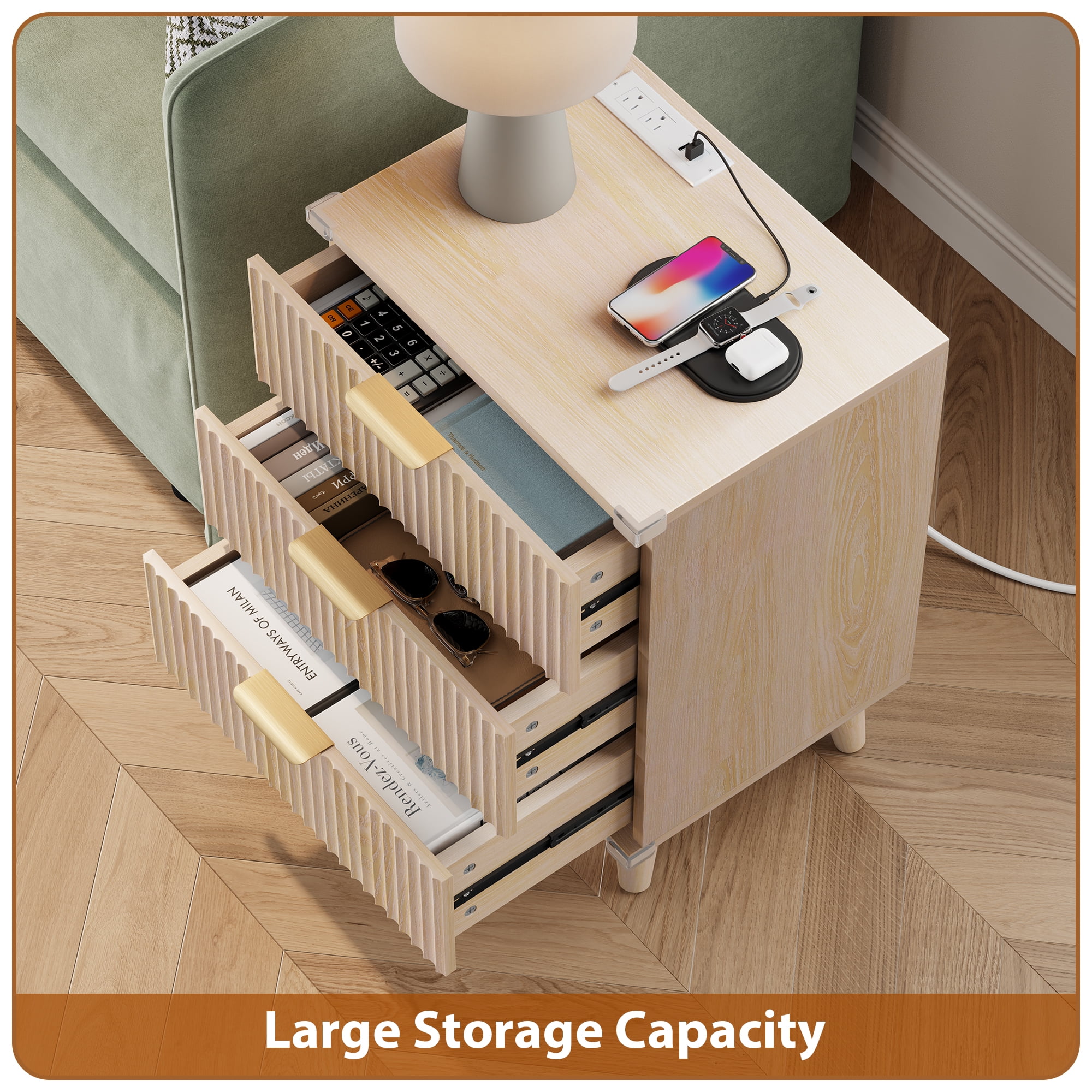 GIKPAL Night Stands for Bedroom, Modern Bedside Table with 3 Drawers & Charging Station,Fluted Panel End Tables for Bedroom & Living Room, Natural