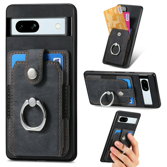 ELEHOLD Wallet Case for Google Pixel 6a,with Card Holder 360° Rotation Ring Holder Stand Function Shockproof Anti-Scratch Protective Luxury Leather Purse Case,black