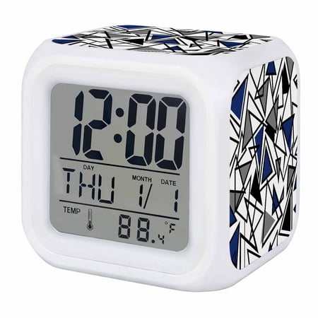 Alarm Clocks Blue Grey Geometric Digital Clock 7 Color LED Night Light Silent Non-Ticking Battery Operated Triangle Modern Art Cube Clocks Decorative for Bedroom Bedside Living Room Office School