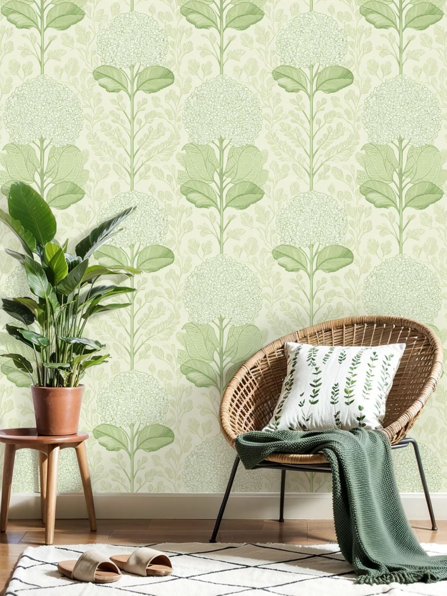 Sage Green Peel and Stick Wallpaper Green Botanical Floral Hydrangea Blossoms Leaves Wall Mural 17.7in x 9.8ft Self Adhesive Removable Wall Paper Renter Friendly Wallpaper for Girls Bedroom