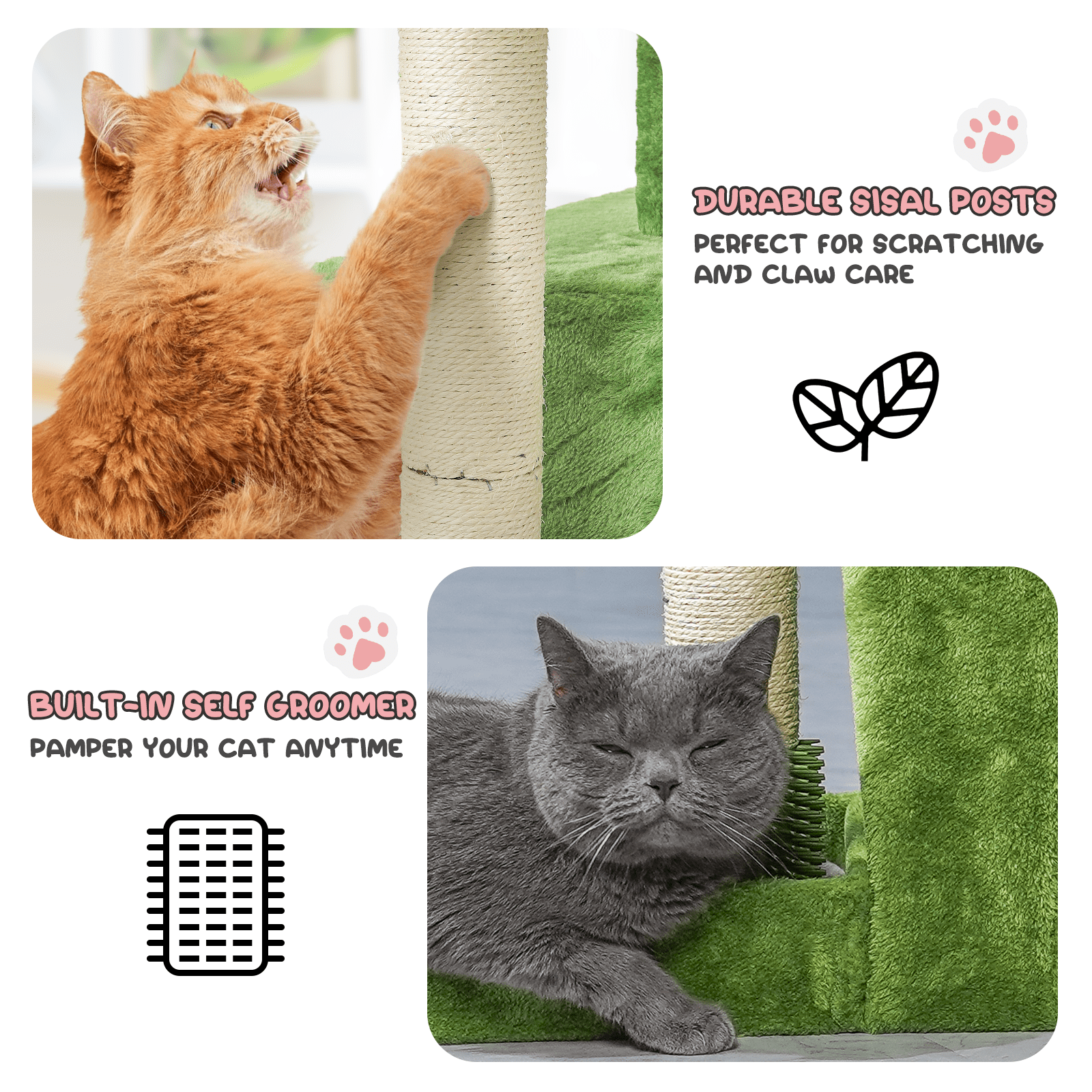 MoNiBloom Cat Tree with Green Leaves, 32 Inches Cat Tower with Scratching Posts, Cat House w/Cozy Condo, Perch and Fluffy Ball for Indoor Cats