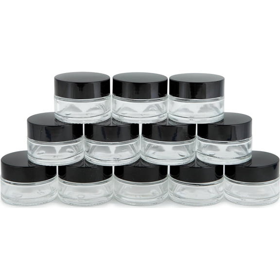 Vivaplex, 12, Clear, 15 ml (1/2 oz), Round Glass Jars, with Inner Liners and black Lids