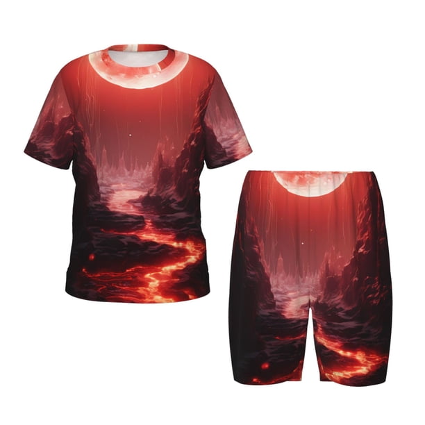 Fotbe Red Moon Lava Pijama Estampada de 2 Piezas para Niños – Ropa de Dormir de Manga Corta Cómoda para Niños y Niñas, Camiseta y Shorts de Algodón-XX-Large