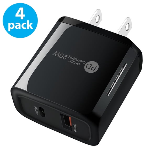 USB C Wall Charger Block 20W, 4-Pack Dual Port PD Power Delivery Fast Type C Charging Block Plug Adapter for iPhone 11/12/13/14/Pro Max, XS/XR/X, iPad Pro, AirPods Pro, Samsung Galaxy and More(Black)