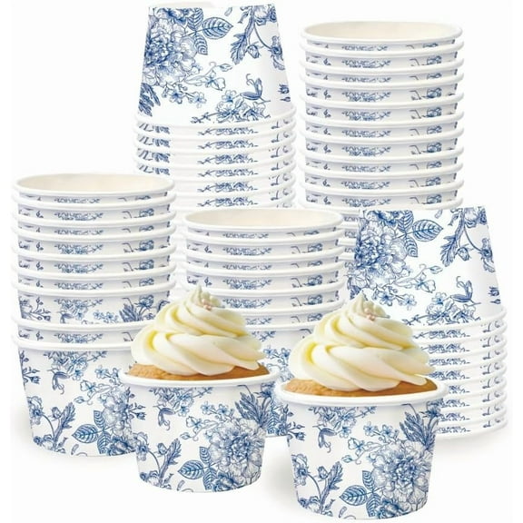 50 Pcs Blue Floral Snack Cups Chinoiserie Flower Disposable Bowls 9oz Blue and White Ice Cream Paper Cups Dessert Bowls for Sundae Frozen Yogurt Soup Wedding Birthday Holiday Party Supplies