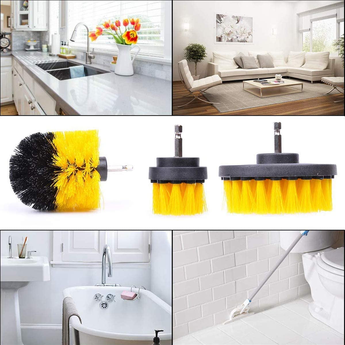 Drill Brush Set,Scrubber Brushs 3Pcs Cleaning Kit for Bathroom Surfaces Wooden Floors Tiles Corners Kitchens Cars Gold 