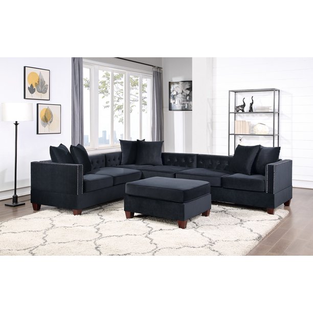 Black Velvet Fabric Solidwood Sectional 4pc Set Reversible Chaise